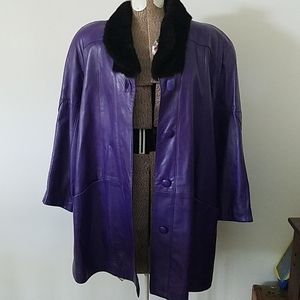 Vintage 80s Purple Leather Swing Coat Fur Collar Robinsons Los Angeles Retro